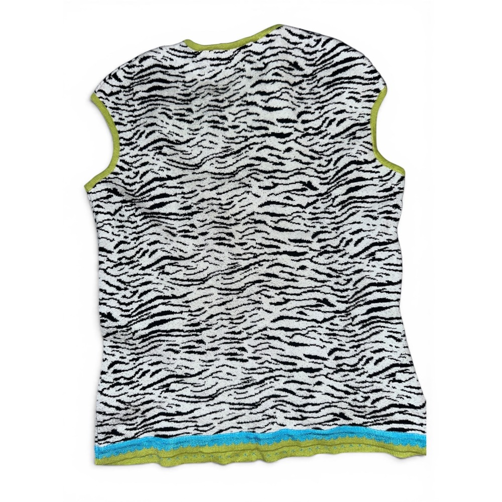 Saks Fifth Avenue Folio Collection Tiger Stripe Knit Vest Lime Blue Trim Medium - Picture 2 of 3